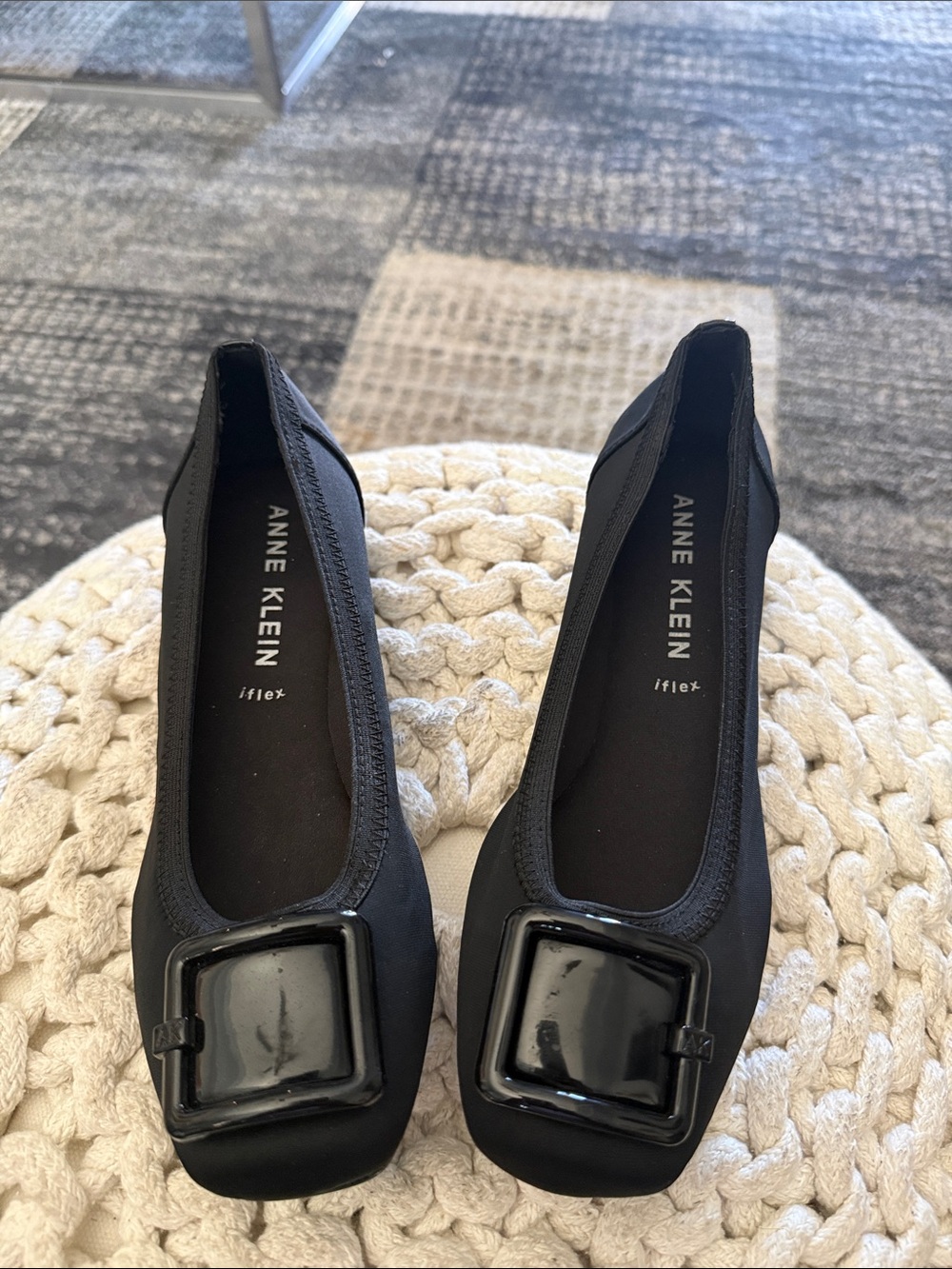 Anne Klein Black iFlex Square-Toe Flats with Glossy Buckle